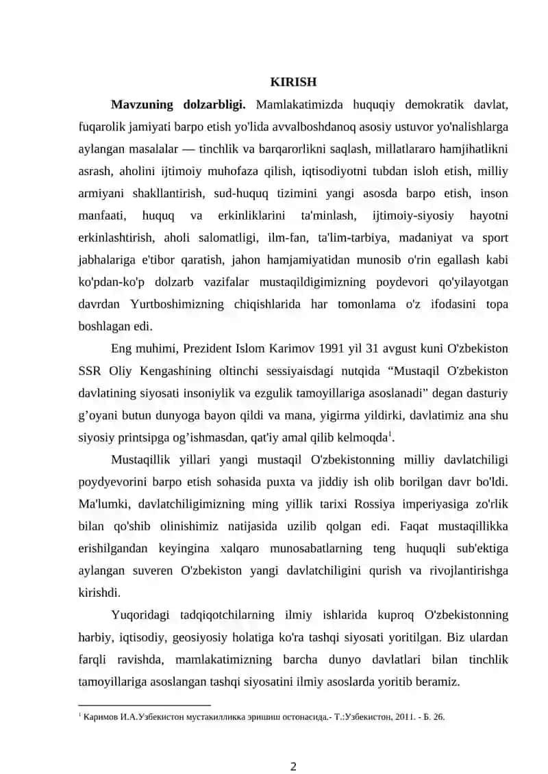 : O‘ZBEKISTONNING TINCHLIKSEVAR TASHQI SIYOSATI VA UNING JAHON HAMJAMIYATI TOMONIDAN TAN OLINISHI. 2
