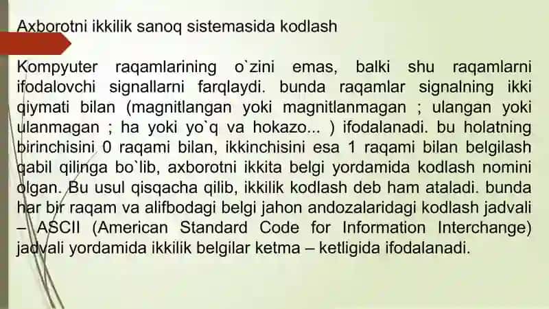 Axborotlarni ikkilik sanoq sistemasida kodlash va dekodlash 2