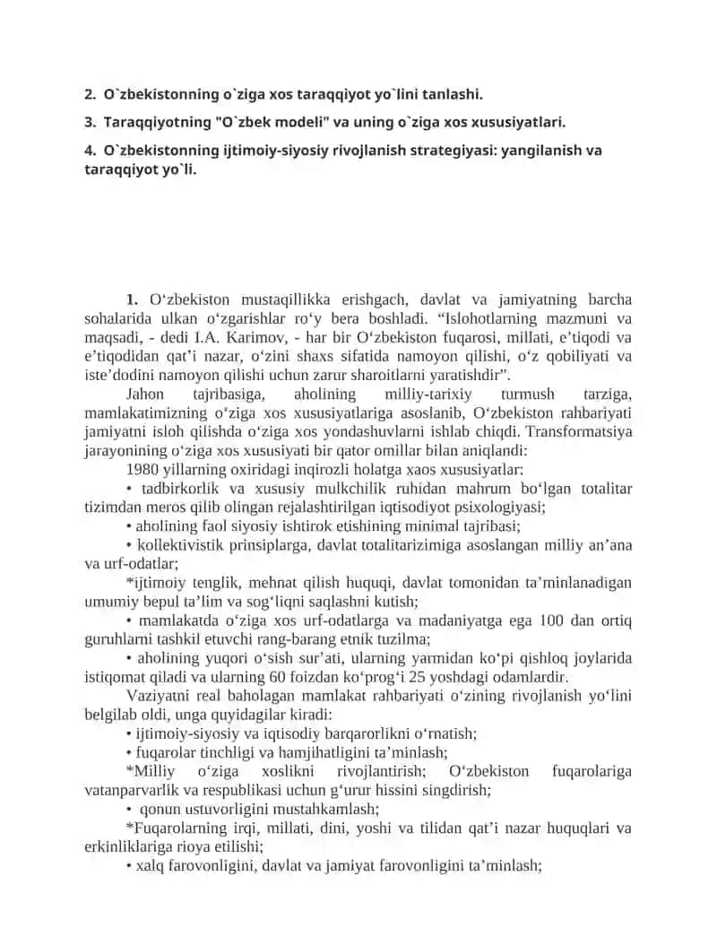 "O`zbekistonning o`ziga xos istiqlol va taraqqiyot yo`li" 2