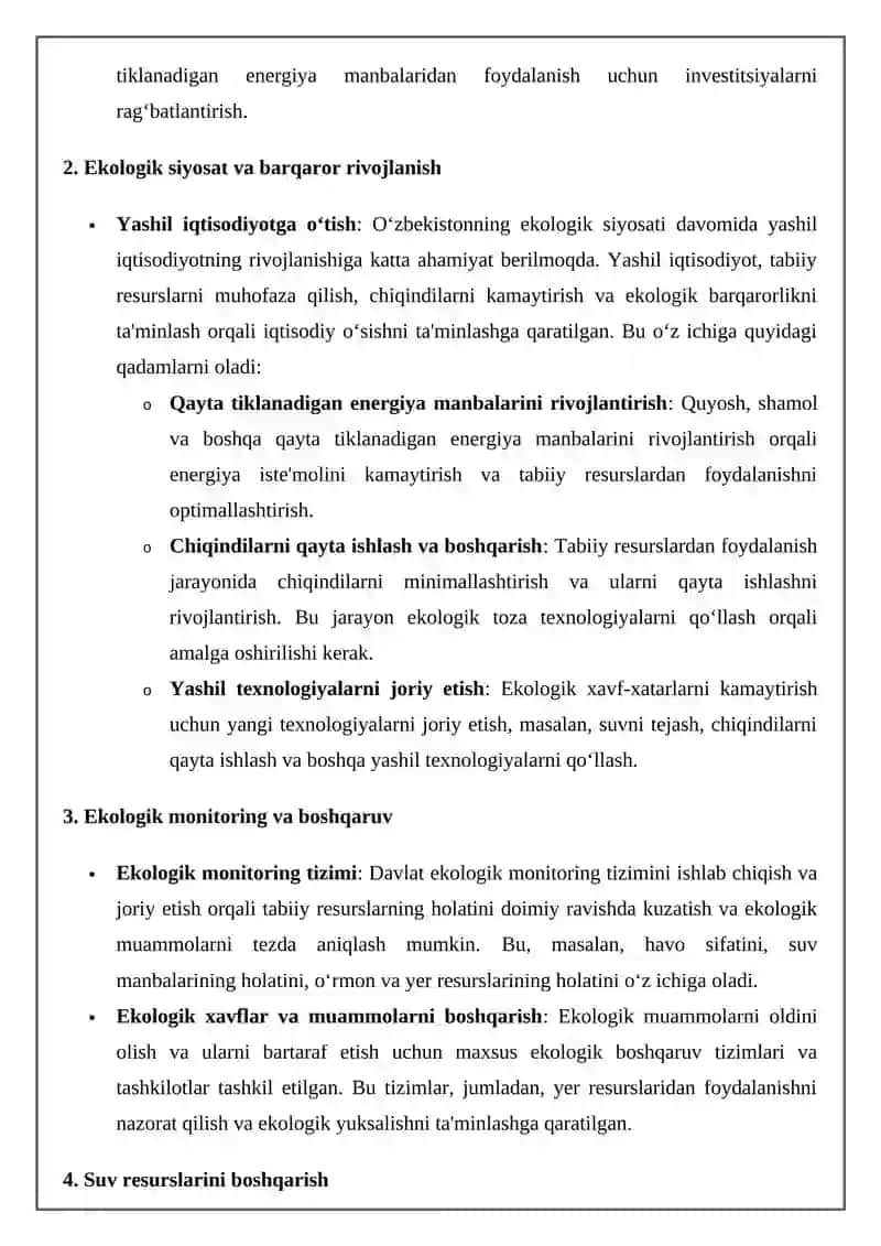 Davlatning tabiiy resurslardan foydalanish jarayonlarini tartibga solishi va ekologiya sohasidagi siyosati 2