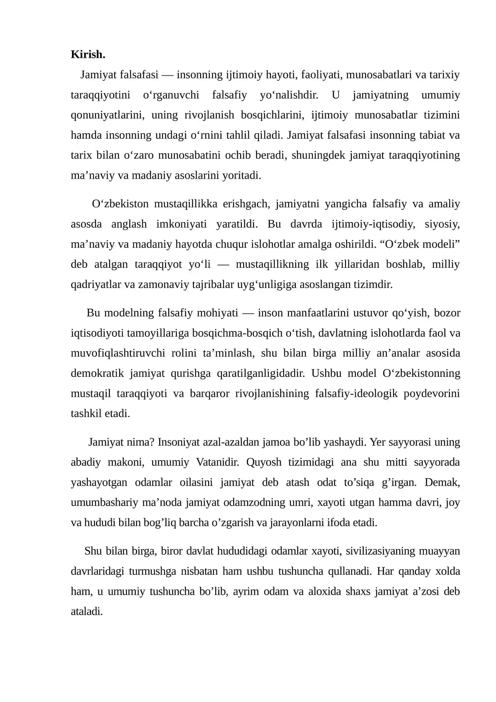 Jamiyat falsafasi.Istiqlol va taraqqiyotning o’zbek modeli 2