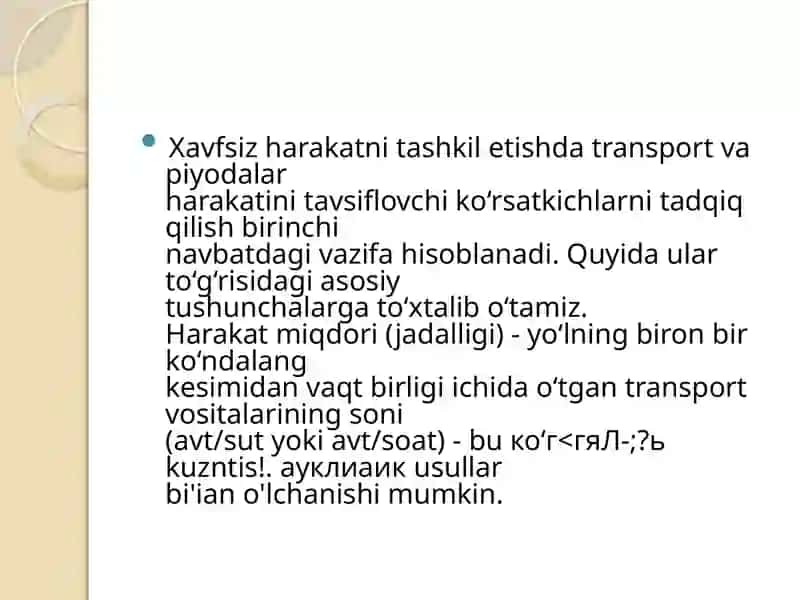 TRANSPORT VA PIYODALAR HARAKATINI TAVSIFLOVCHI ASOSIY KO‘RSATKICHLAR 2