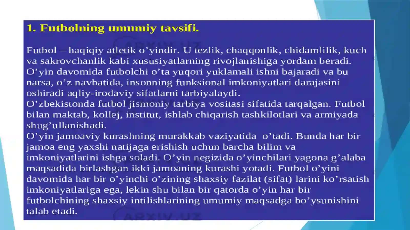 Futbolo‘yininingkelibchiqishi,qoidalarivarivojlanishtarixihamdao‘yintexnikasivataktikasiningtasnifi 2