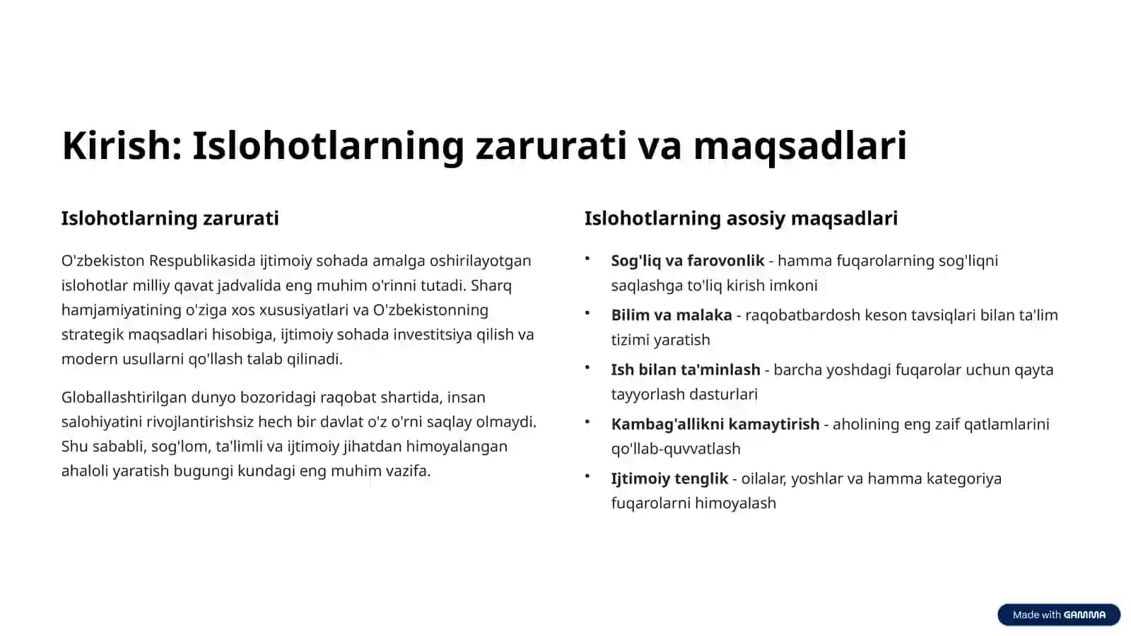 O'zbekiston Respublikasida ijtimoiy sohadagi islohotlar 2