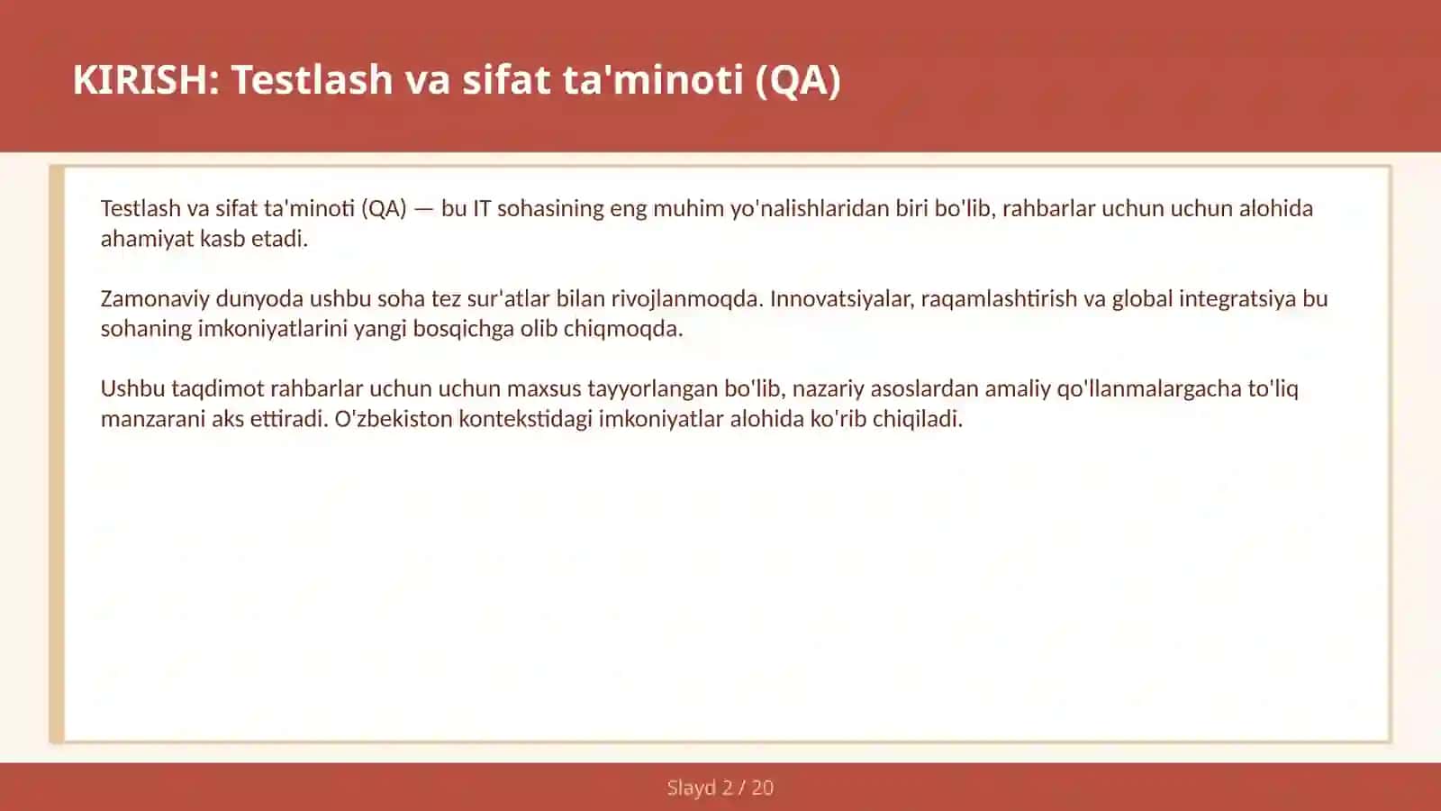 Testlash va sifat ta'minoti (QA) 2