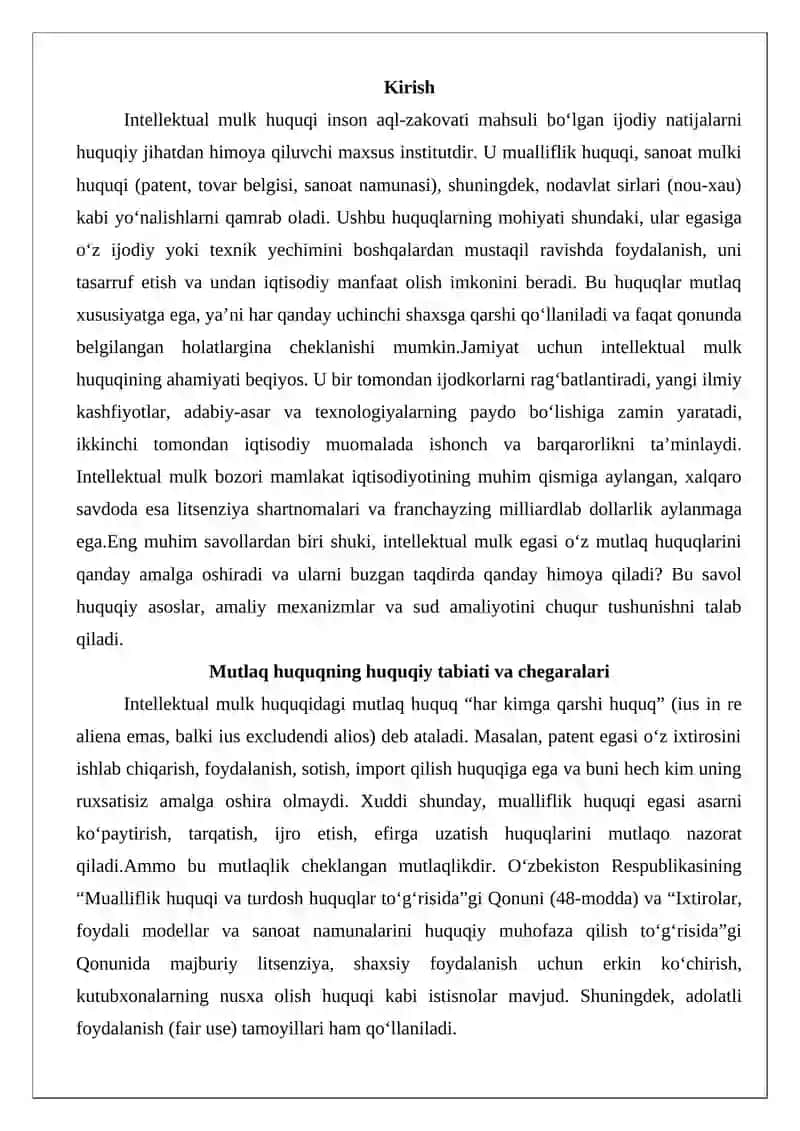 Intellektual mulk huquqi ob’ektlariga nisbatan mutlaq huquqlarni amalga oshirishning huquqiy asoslari 2