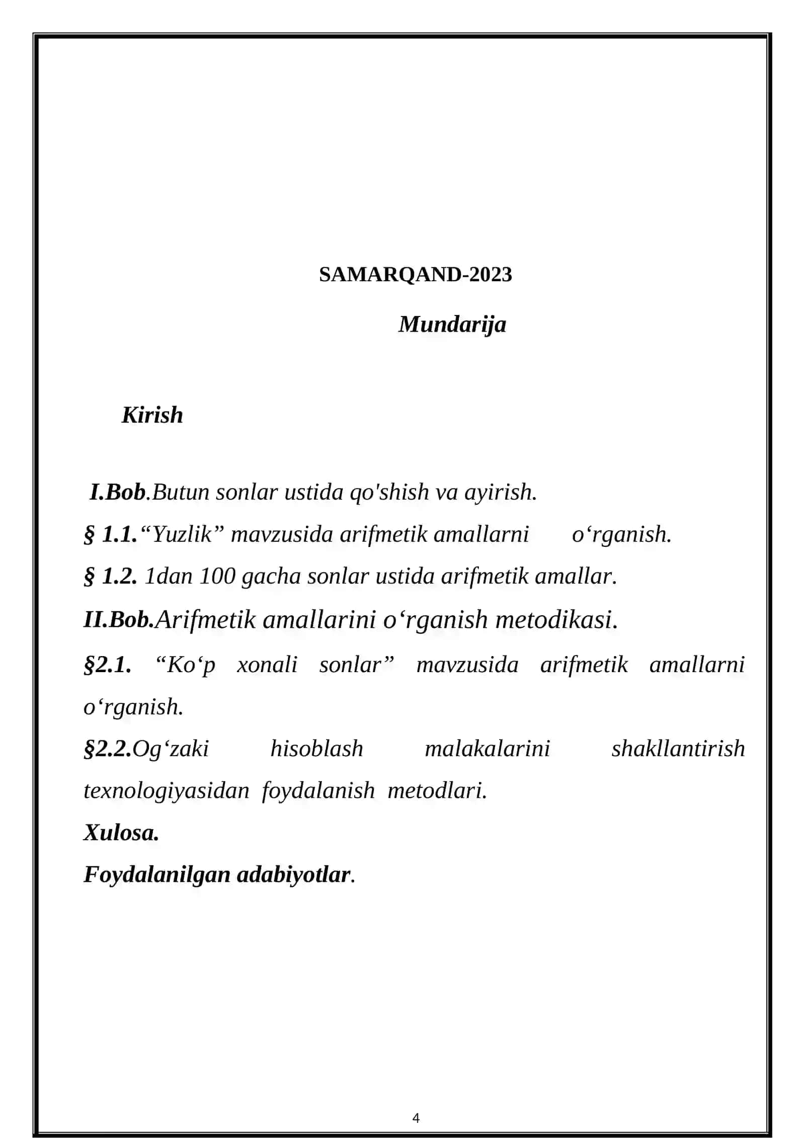 MATEMATIKA O’QITISH METODIKASI "FANIDAN KURS ISHI" 2