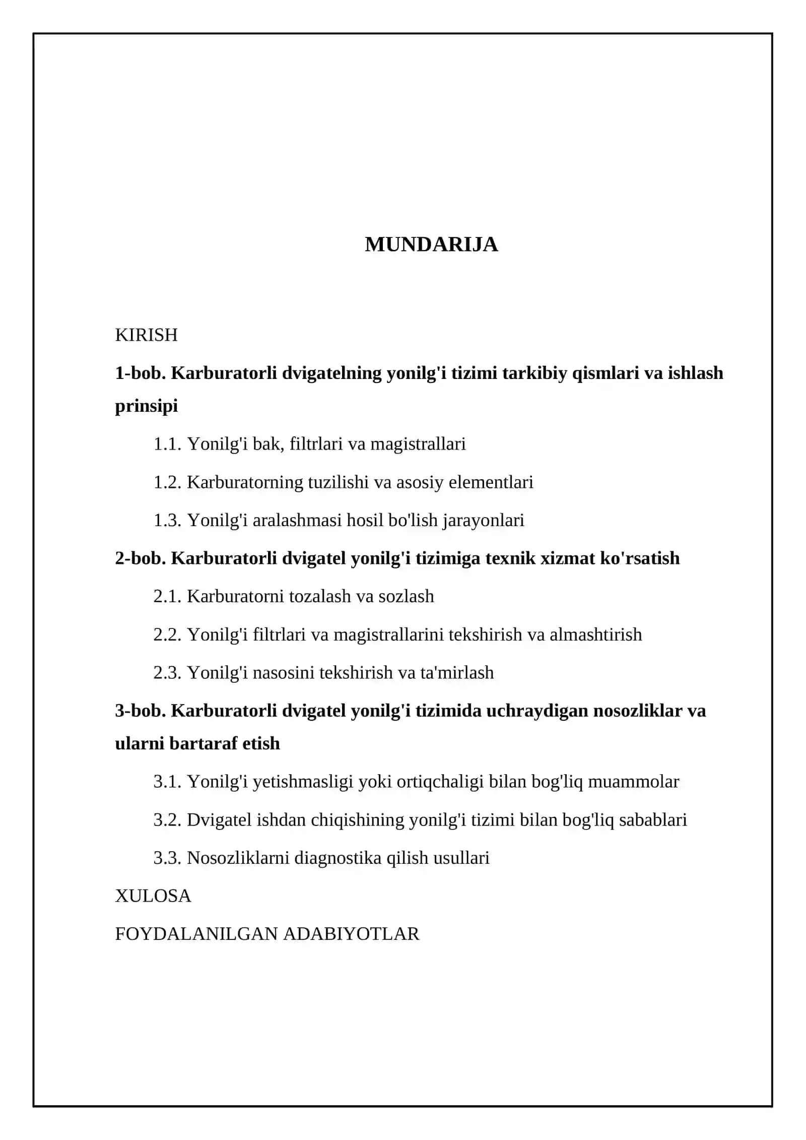 Karburatorli dvigatelning yonilg'i taminotiga texnik xizmat koʻrsatish 2