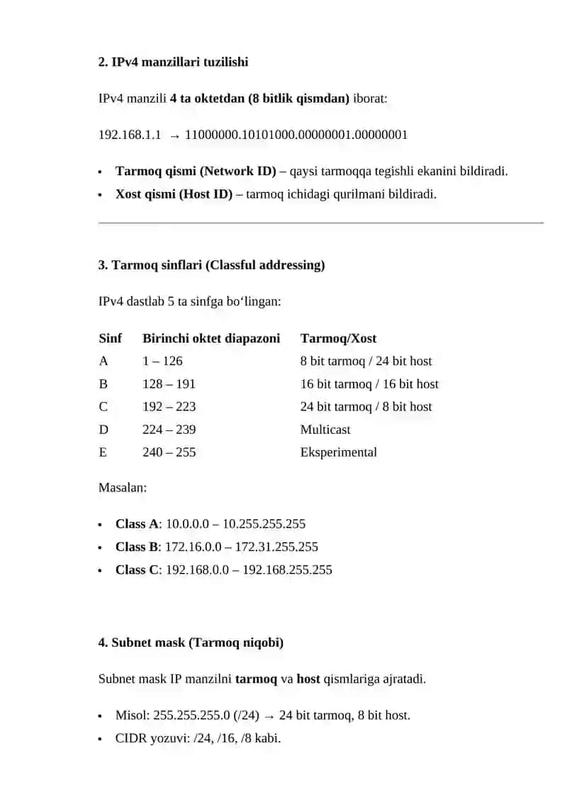 TARMOQ IP MANZILLARINI HISOBLASH. TARMOQLARNI ADRESLASH TAMOYILLARI. TARMOQ MANZILI, BROADCAST MANZILI TUSHUNCHASI. MANZILLAR TASNIFI. 2
