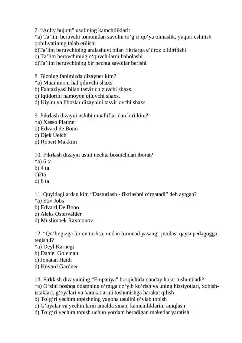Kreativ fikrlash fanidan testlar 2