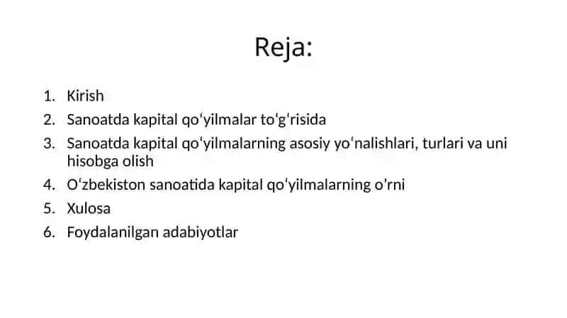 O‘zbekiston sanoatida kapital qo‘yilmalar va ularning asosiy yo‘nalishlari 2