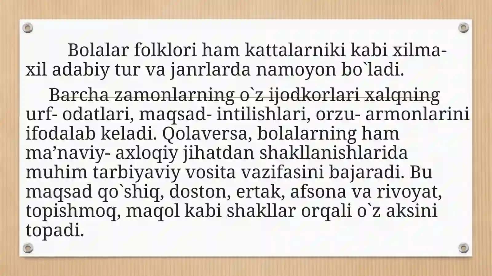 Bolalar adabiyotida xalq og'zaki ijodi. Maqol, topishmoqlar va tez aytishlar 2