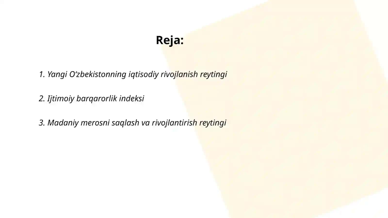Yangi O'zbekistonning iqtisodiy rivojlanish reytingi 2