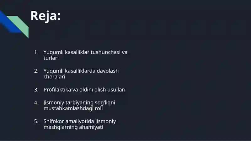Yuqumli kasalliklarda davolash choralari. Shifokor amaliyotida jismoniy tarbiyaning ahamiyati. Mazkur mavzu yuqumli kasalliklarning kelib chiqish sabablari, davolash usullari va sog‘lomlashtirish jarayonida jismoniy tarbiyaning o‘rni haqida keng tushuncha beradi. 2