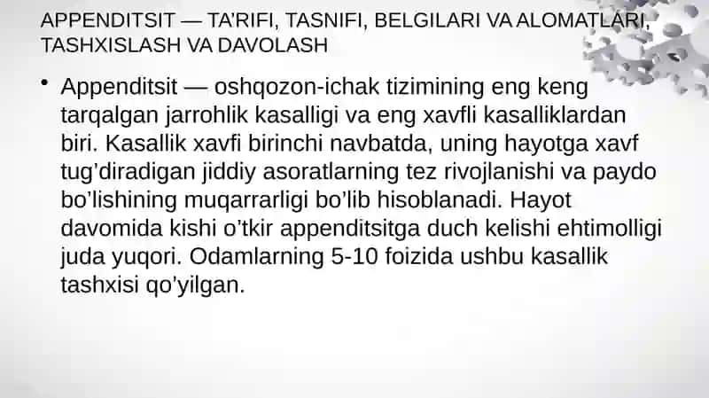 Appenditsit — Ta’rifi, Tasnifi, Belgilari va Alomatlari, Tashxislash va Davolash 2