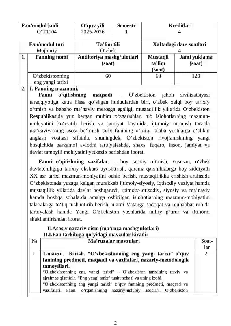 O‘zbekistonning eng yangi tarixi ISHCHI O‘QUV DASTURI 2