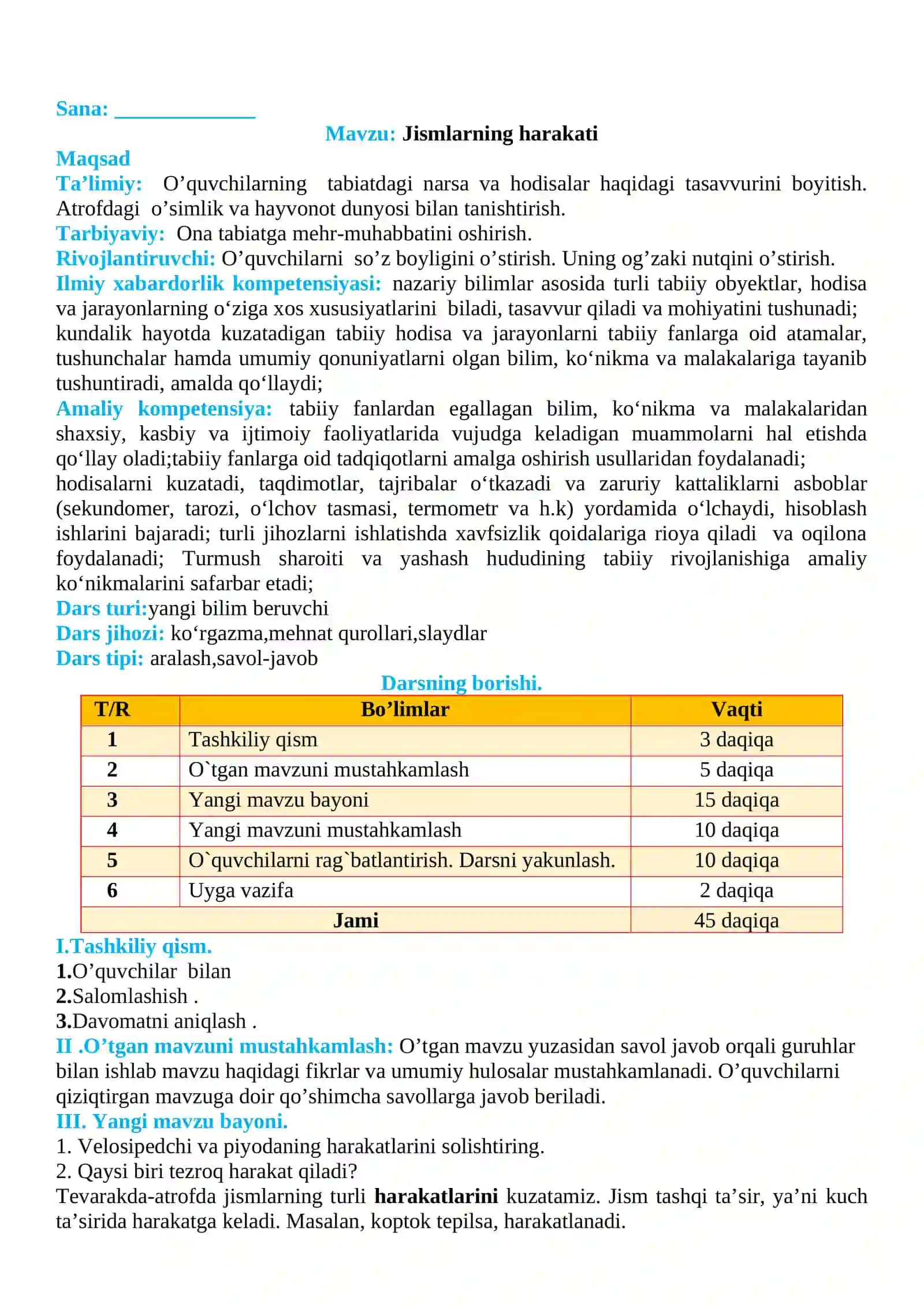 3-sinf Tabiiy fan (Science) Jismlarning harakati dars ishlanma 2