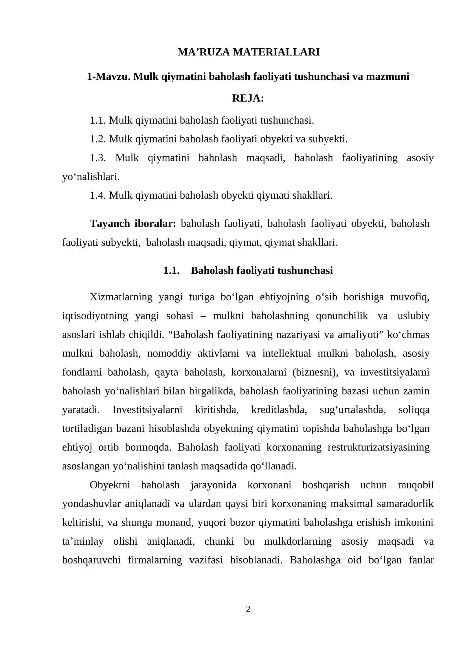 1-Mavzu. Mulk qiymatini baholash faoliyati tushunchasi va mazmuni 2