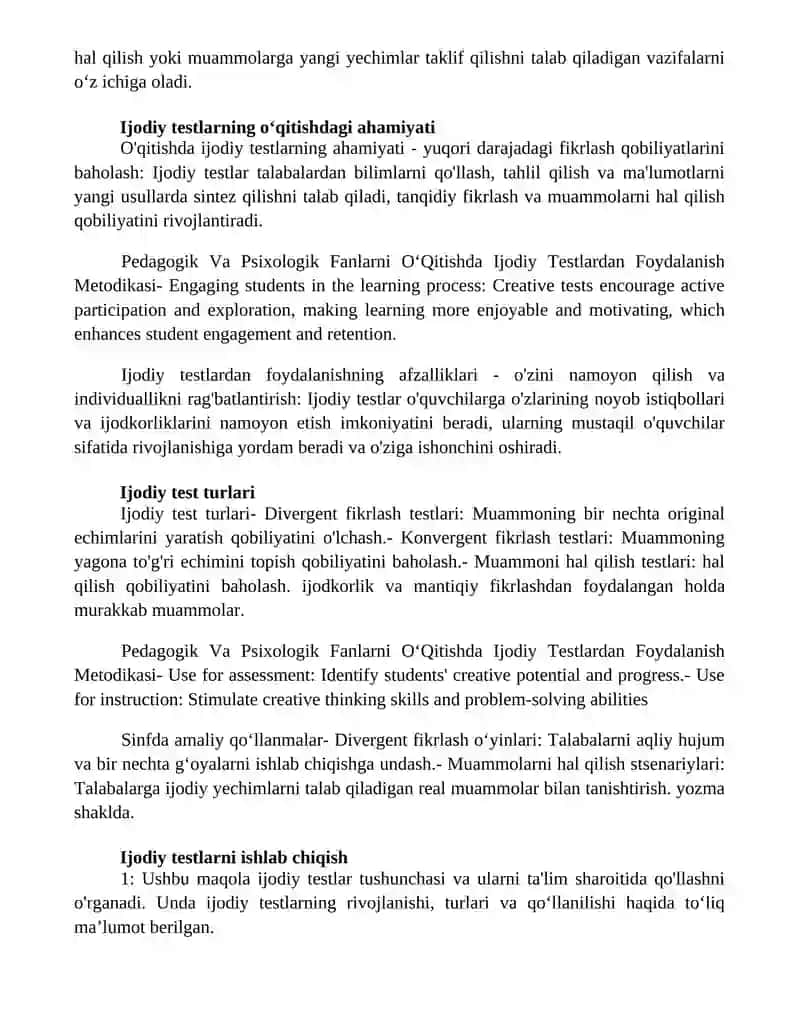 Pedagogik Va Psixologik Fanlarni O‘Qitishda Ijodiy Testlardan Foydalanish Metodikasi 2