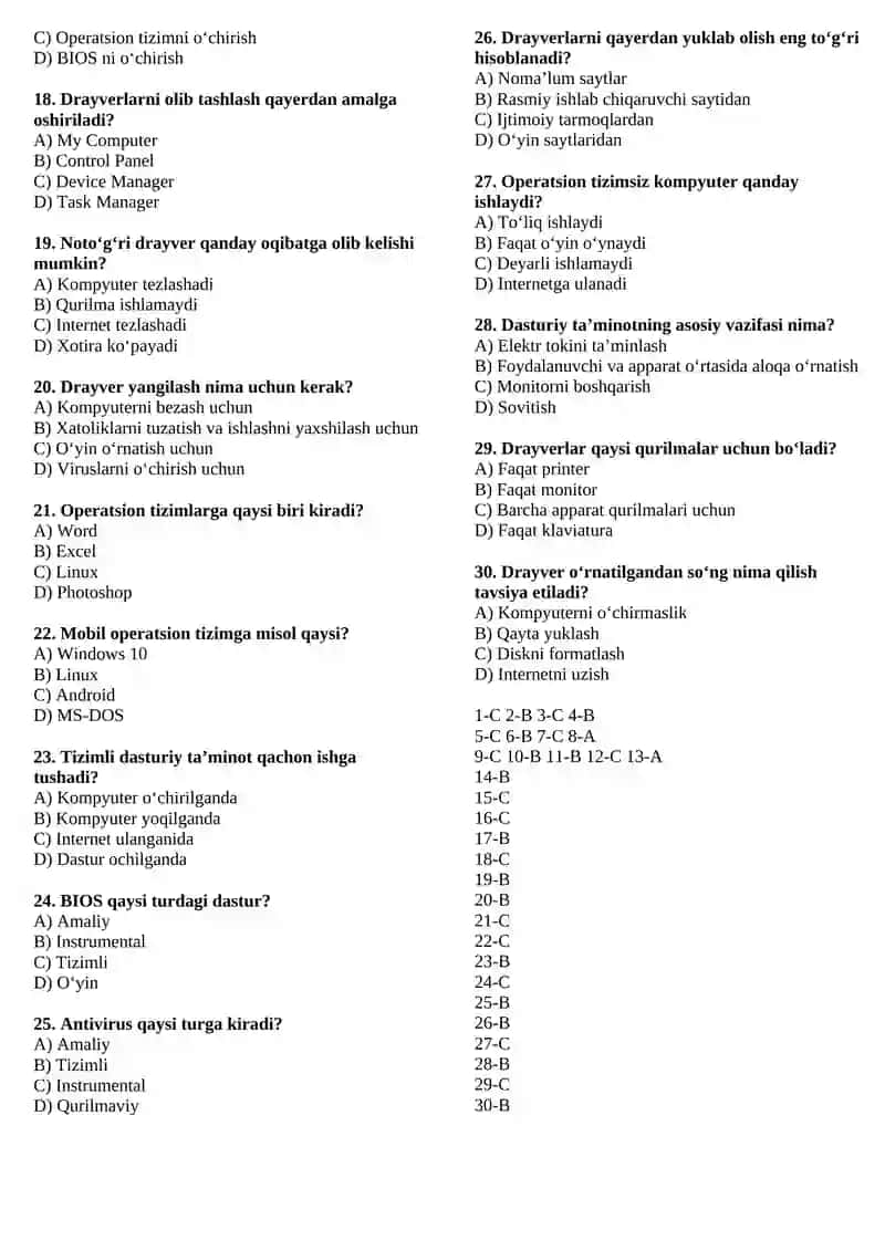 Kompyuter tizimlari dasturiy ta'minoti fanidan test 2