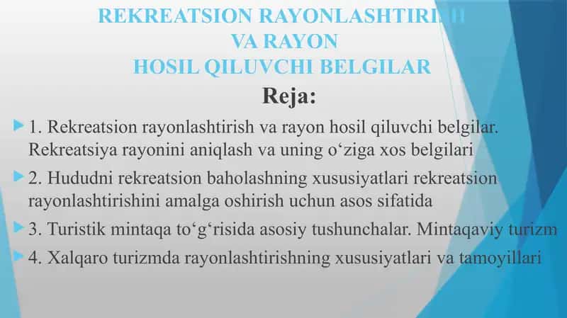Rekreasiya Rayonlashtirish va Rayon Hosil Qiluvchi Belgilar 2