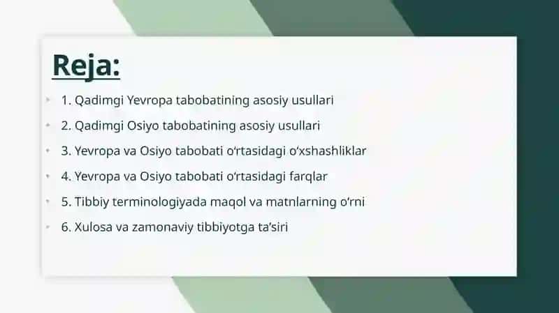 Qadimgi Yevropa va Osiyo tabobatining usullari, o'xshashligi va farqlari. Tibbiy terminologiyada maqol va matnlarning ahamiyati 2