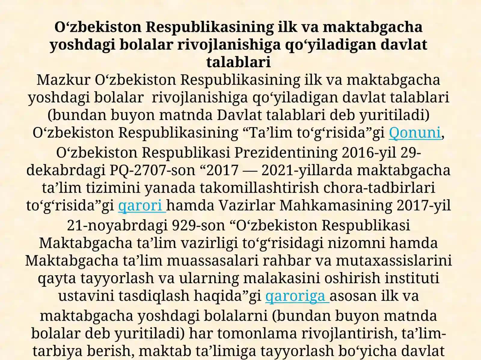 O'zbekiston Respublikasining Ilk va maktabgacha yoshdagi bolalar rivojlanishiga qo'yiladigan Davlat talablari 2