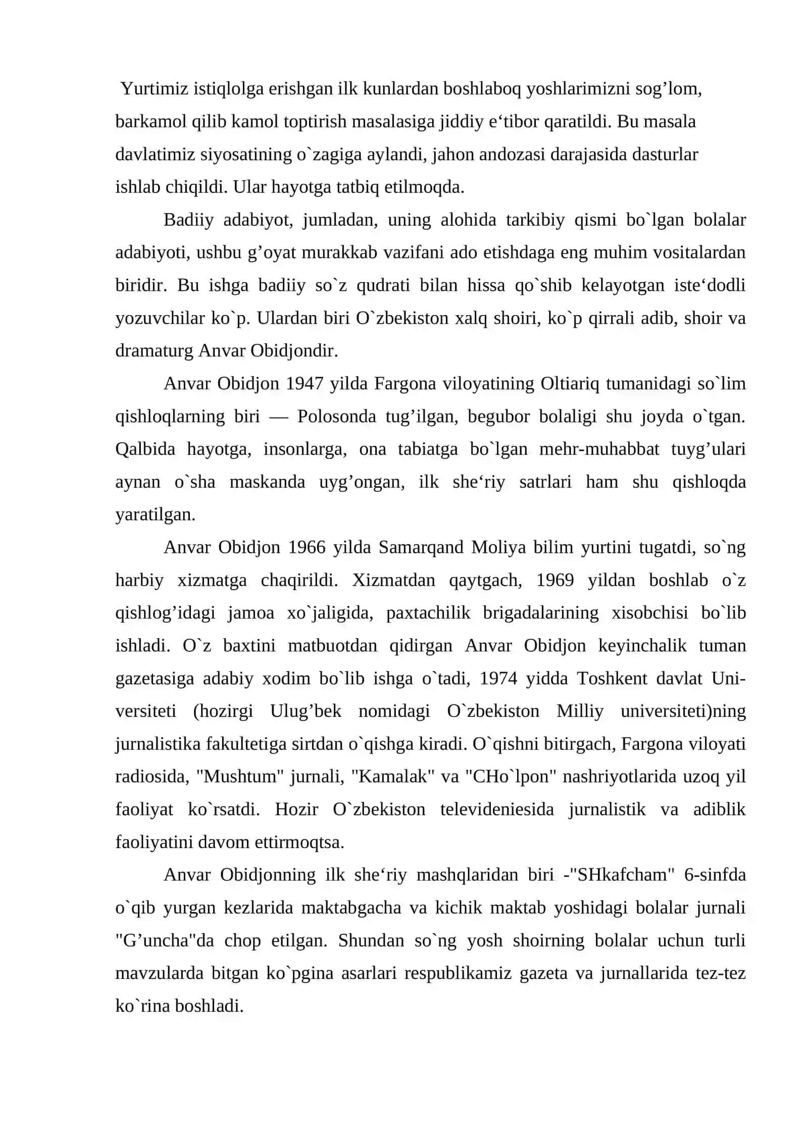 Anvar Obidjon ijodi va o`zbek bolalar adabiyoti 2