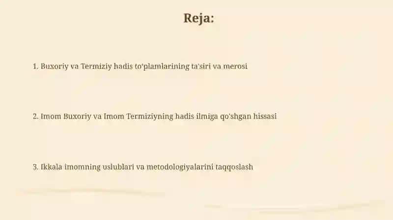 "Imom Buxoriy va Imom Termiziyning hadis ilmiga qo'shgan hissalarini qiyosiy tahlili" 2