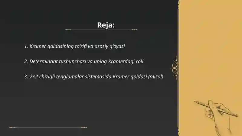 Chiziqli tenglamalar sistemasini yechishning Kramer usuli 2