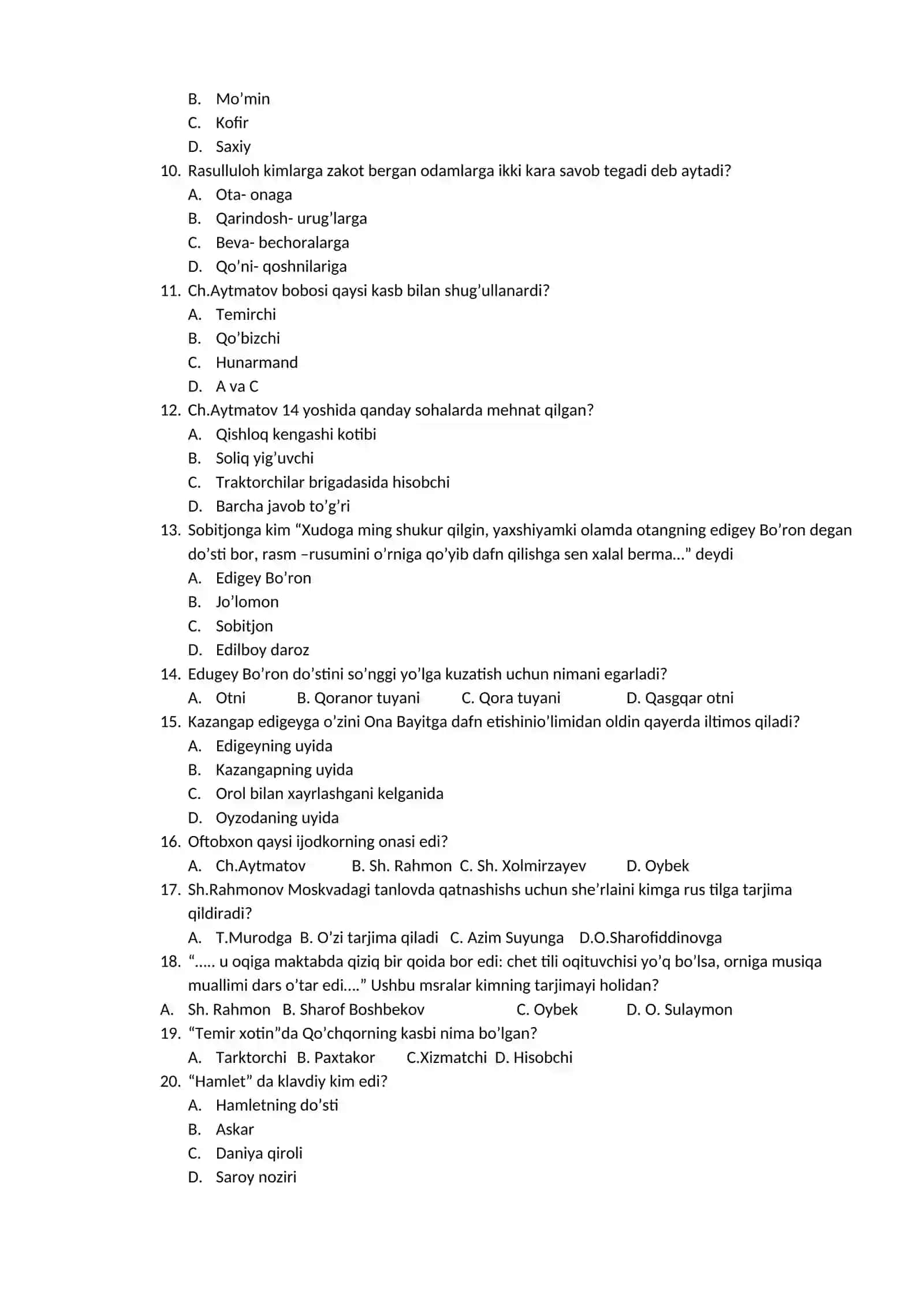 9-sinf adabiyot test 4-chorak 2