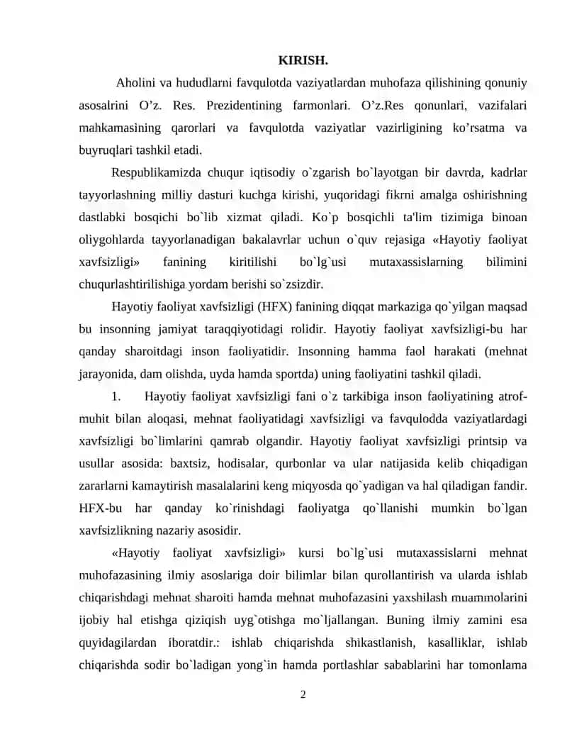 O`zabekiston Respublikasida hayot faoliyati xavfsizligini ta`minlash sohosida qabul qilingan qonun va me`yoriy hujjatlar tizimi 2