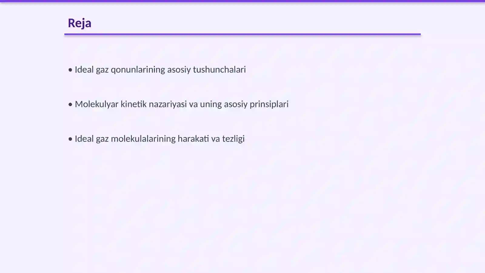 Ideal gaz qonunlari. Molekulyar kinetik nazaryaning asosiy tenglamasi. Ideal gaz molekulalarining tezligi 2