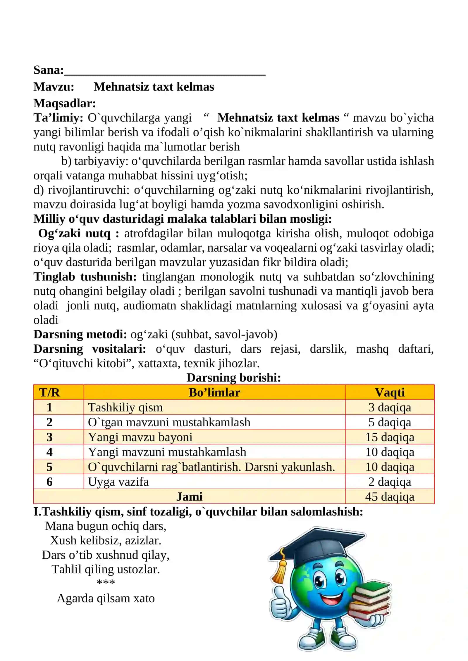 Mehnatsiz taxt kelmas mavzusida 2-sinf O'qish fanidan dars ishlanmasi 2