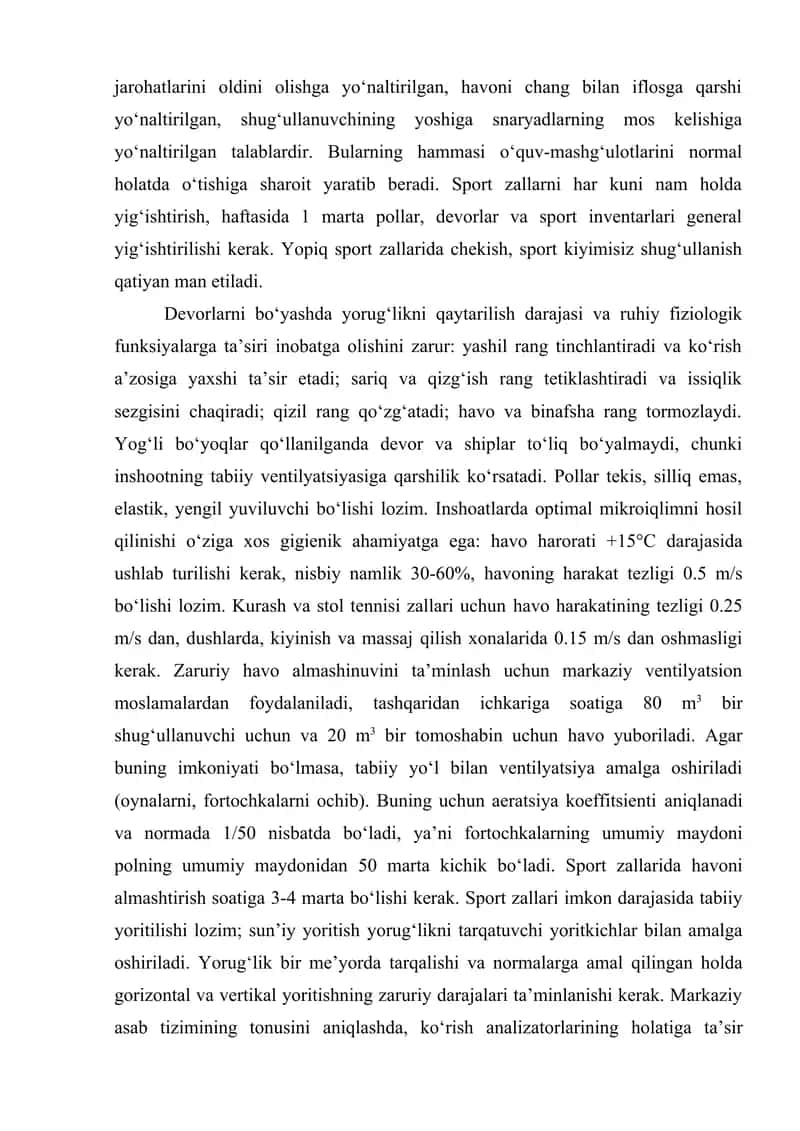 Sport inshootlarining gigienasi. Ularni saqlashga gigienik talablari 2