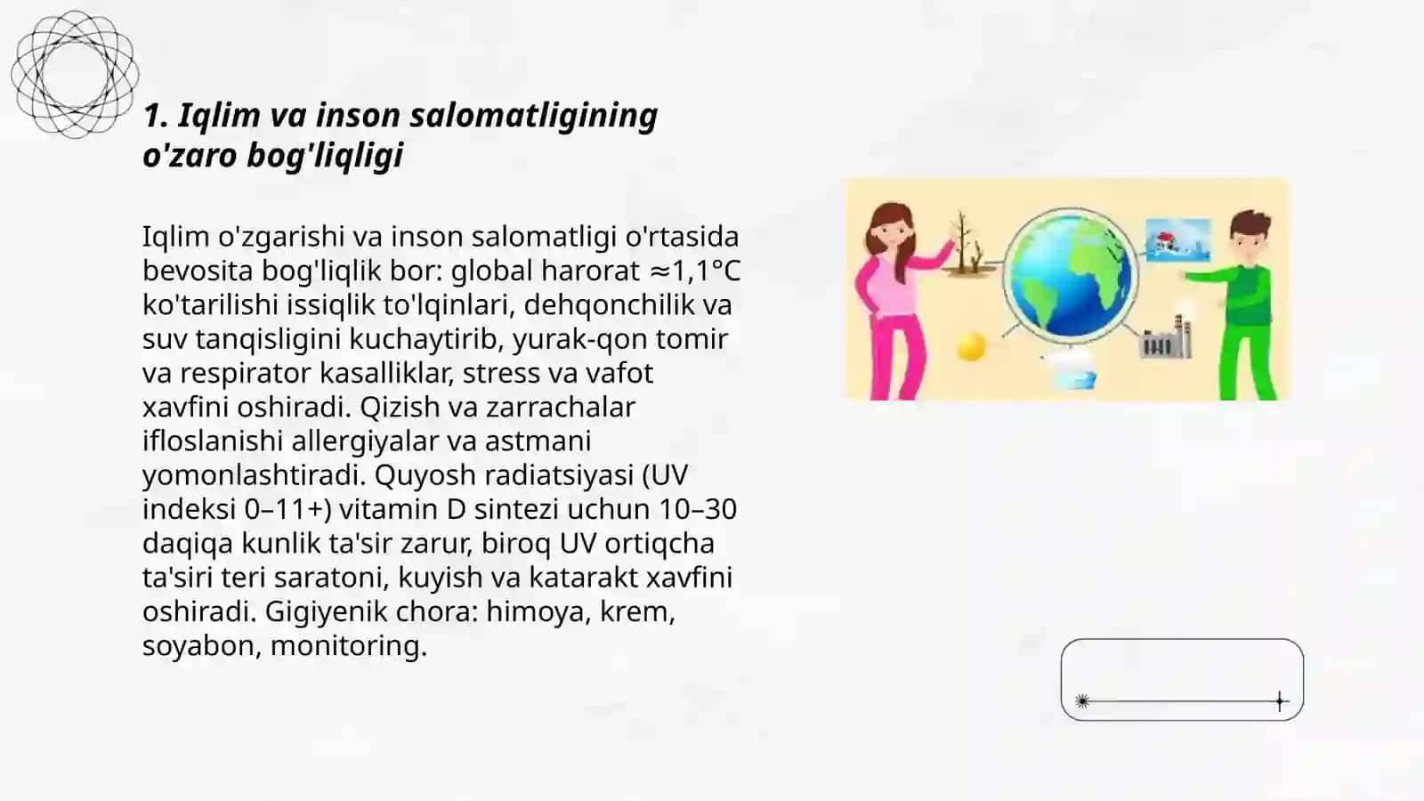 Iqlim va inson salomatligi. Quyosh radiatsiyasi va uning gigiyenik ahamiyati.pptx 2