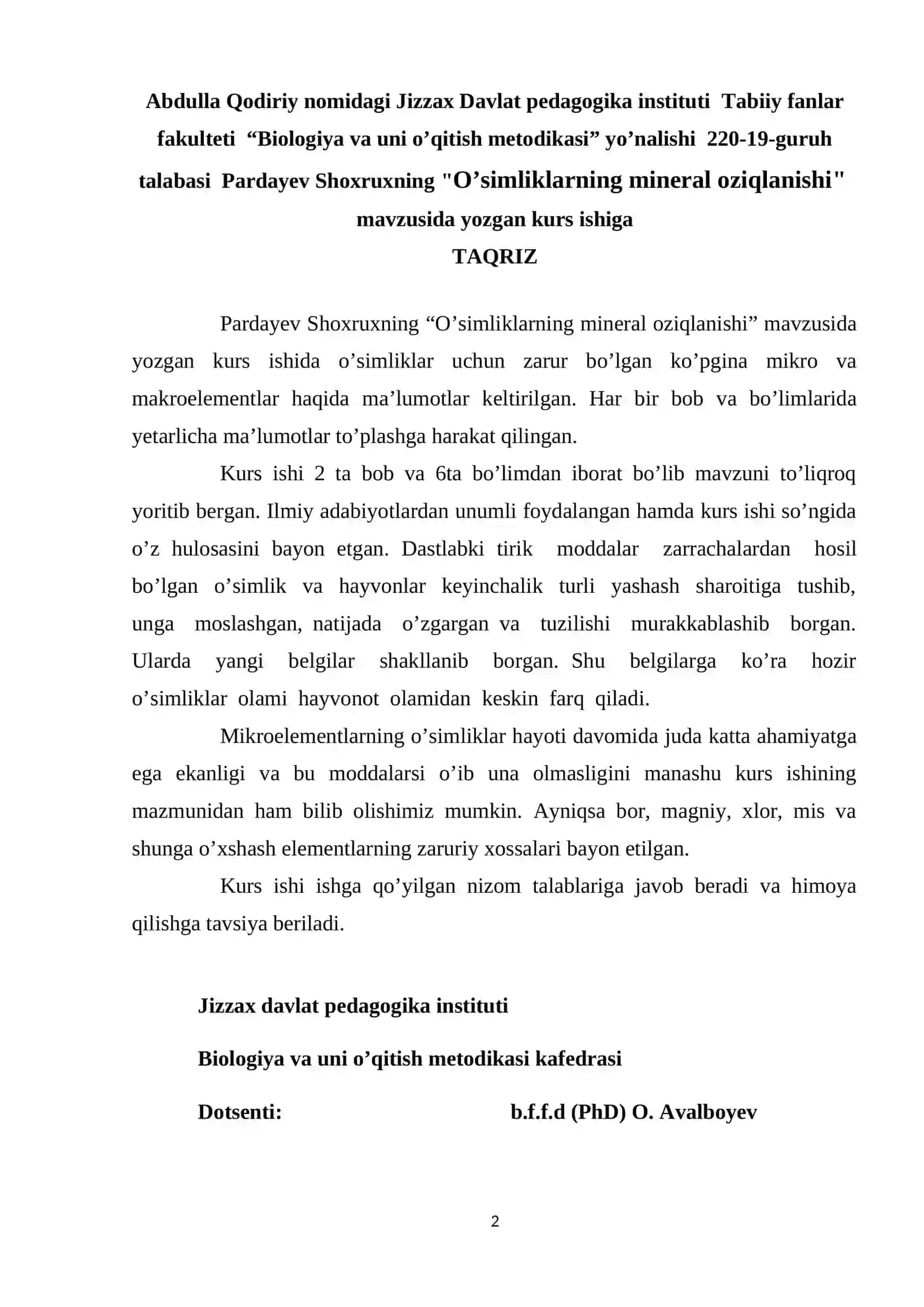 BOTANIKA VA O’SIMLIKLAR FIZIOLOGIYASI kurs ishi 2