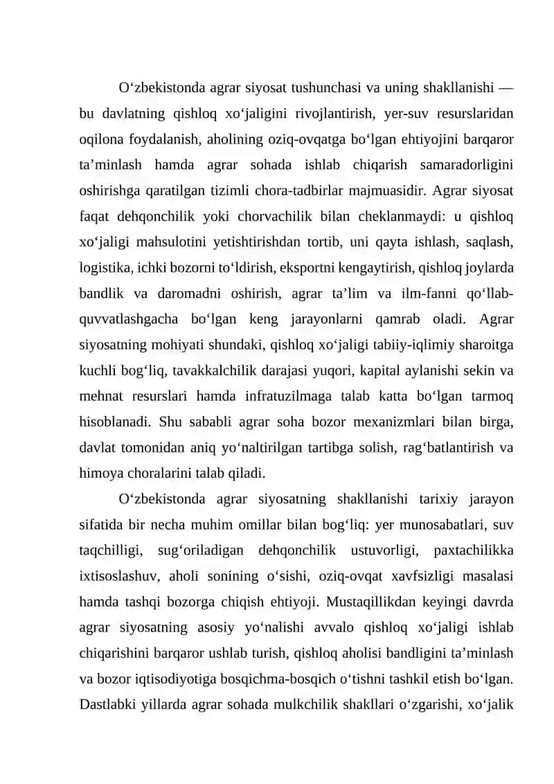 Oʻzbekistonda agrar siyosatning maqsadlari va vositalari 2