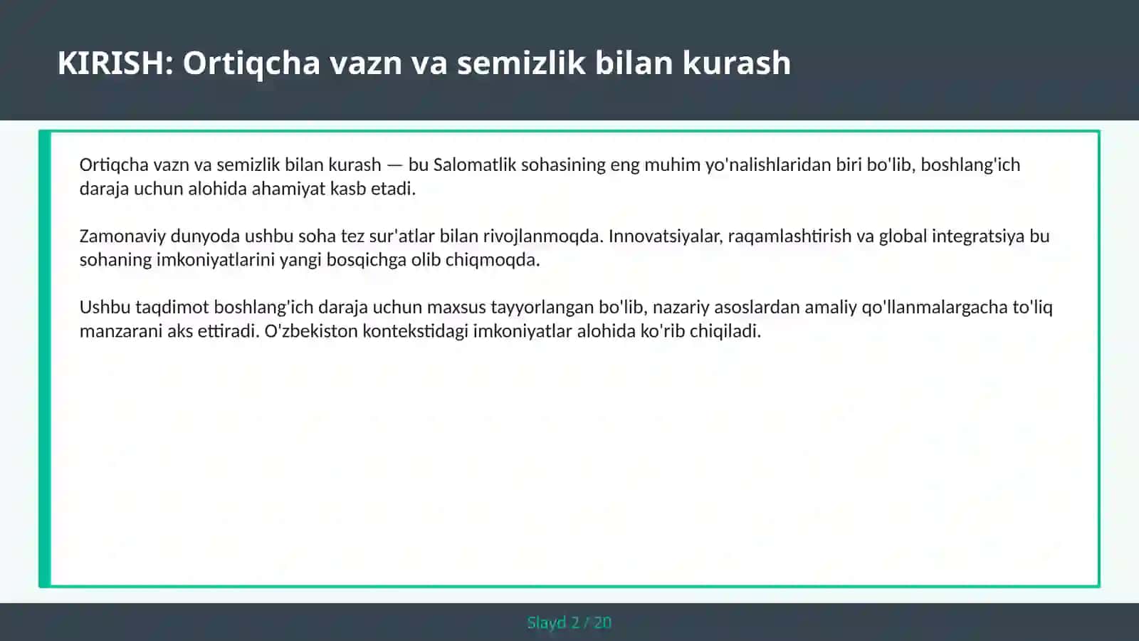 ORTIQCHA VAZN VA SEMIZLIK BILAN KURASH 2