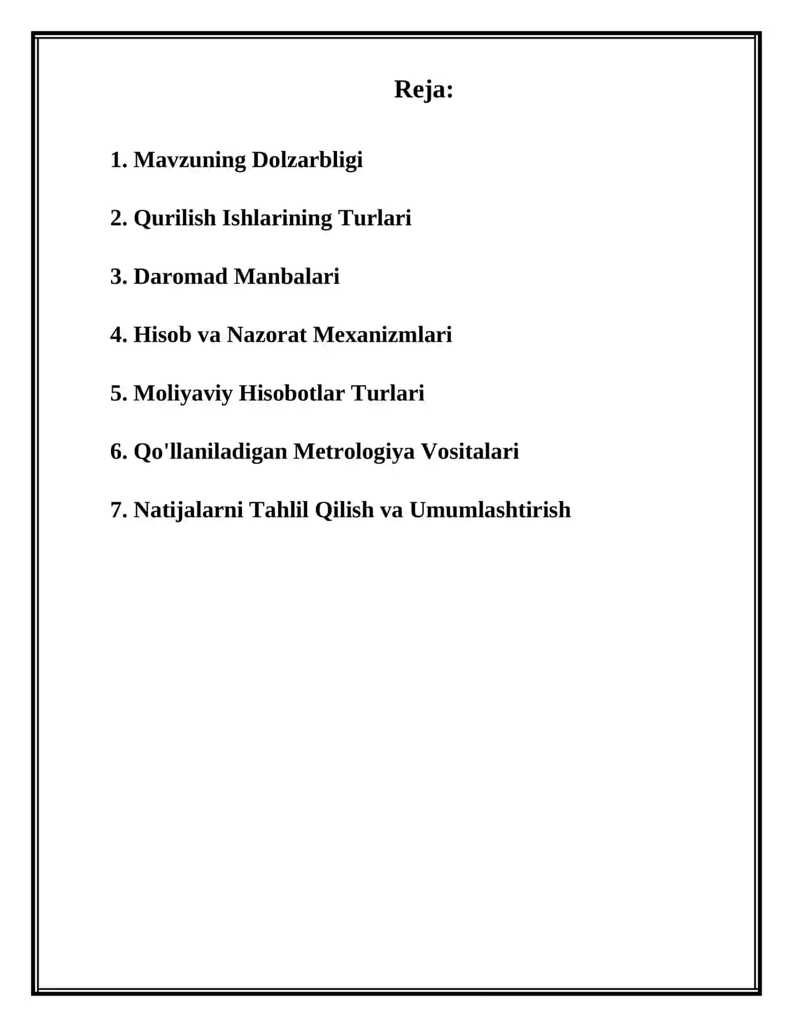 “QURILISH ISHLARINI BAJARISHDAN OLINGAN DAROMADLAR HISOBI VA MOLIYAVIY HISOBOT” 2