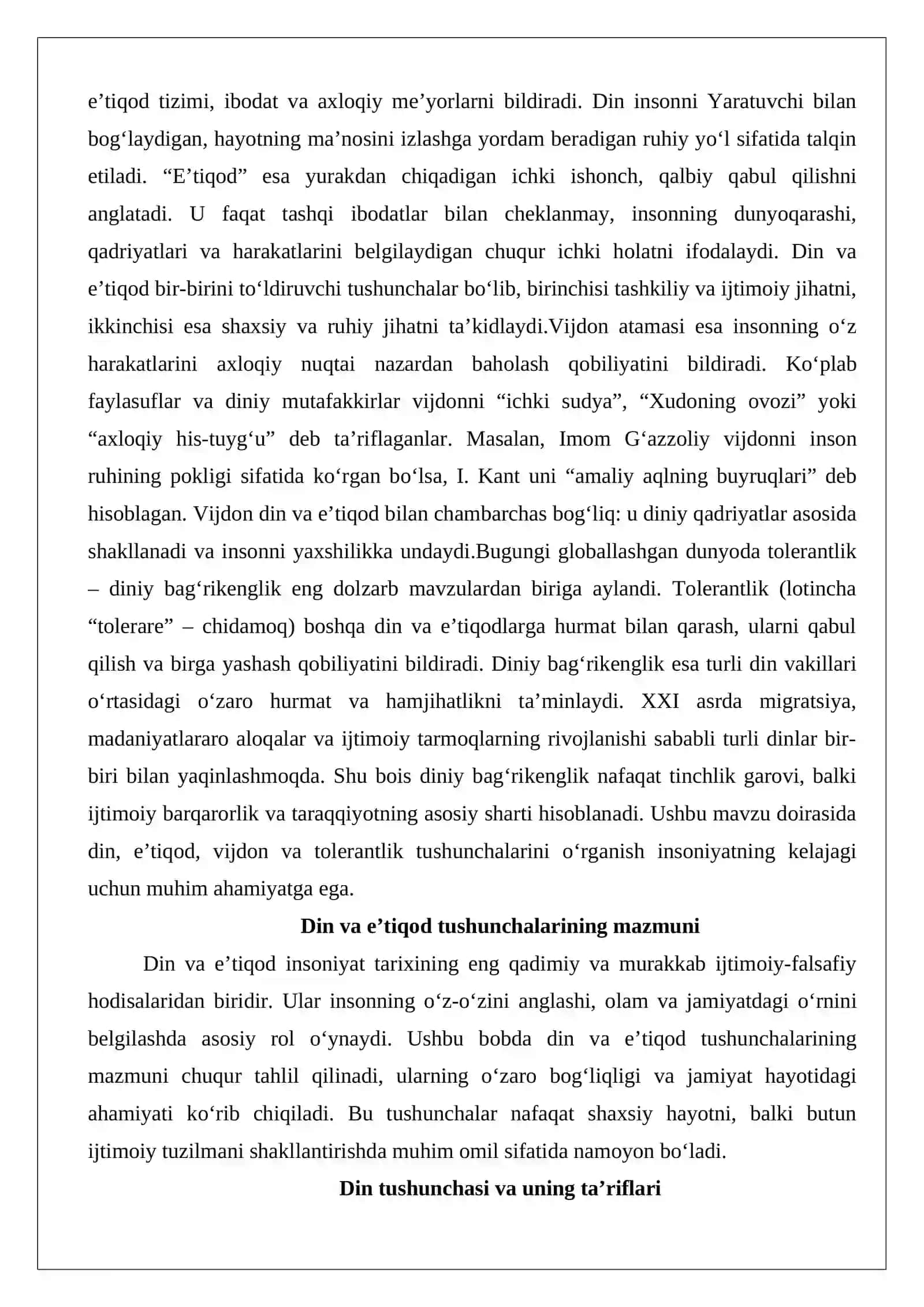 Din, e’tiqod so’zlarining ta’rifi, vijdon atamasiga berilgan ta’riflar, tolerantlik – diniy bag’rikenglik atamasi va uning bugungi kundagi ahamiyati 2