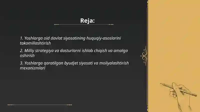 Yoshlarga oid davlat siyosatining izchil va samarali tashkil etish 2