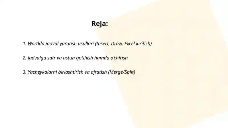 Microsoft Office Word muharriri jadvallar bilan ishlash 2