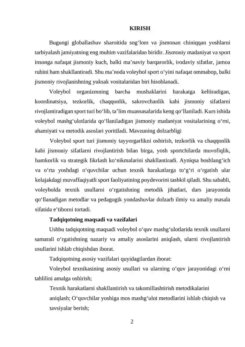 Voleybol sport o'yinida jismoniy madaniyat vositalarining o'rni 2