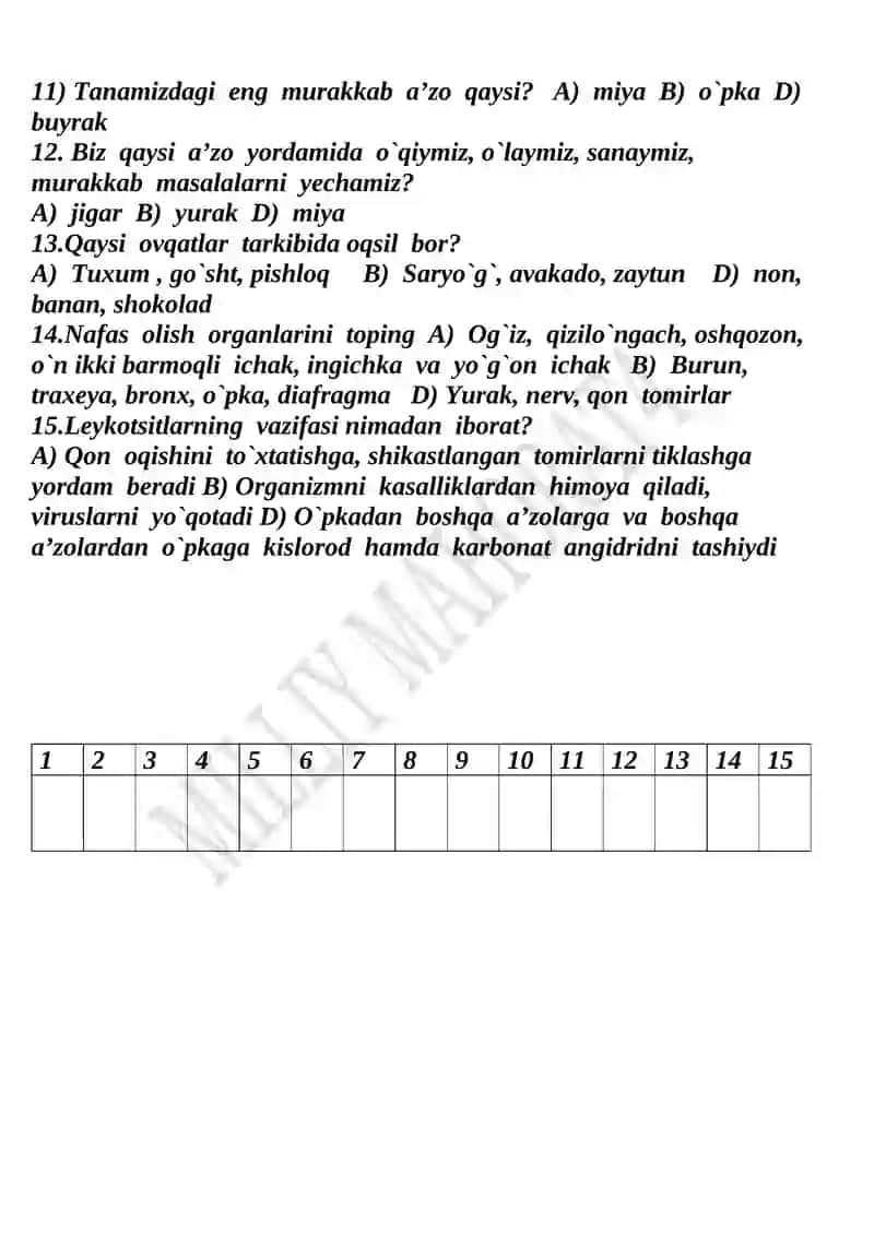 Tabiiy fan nazorat ishi test sinovi 2