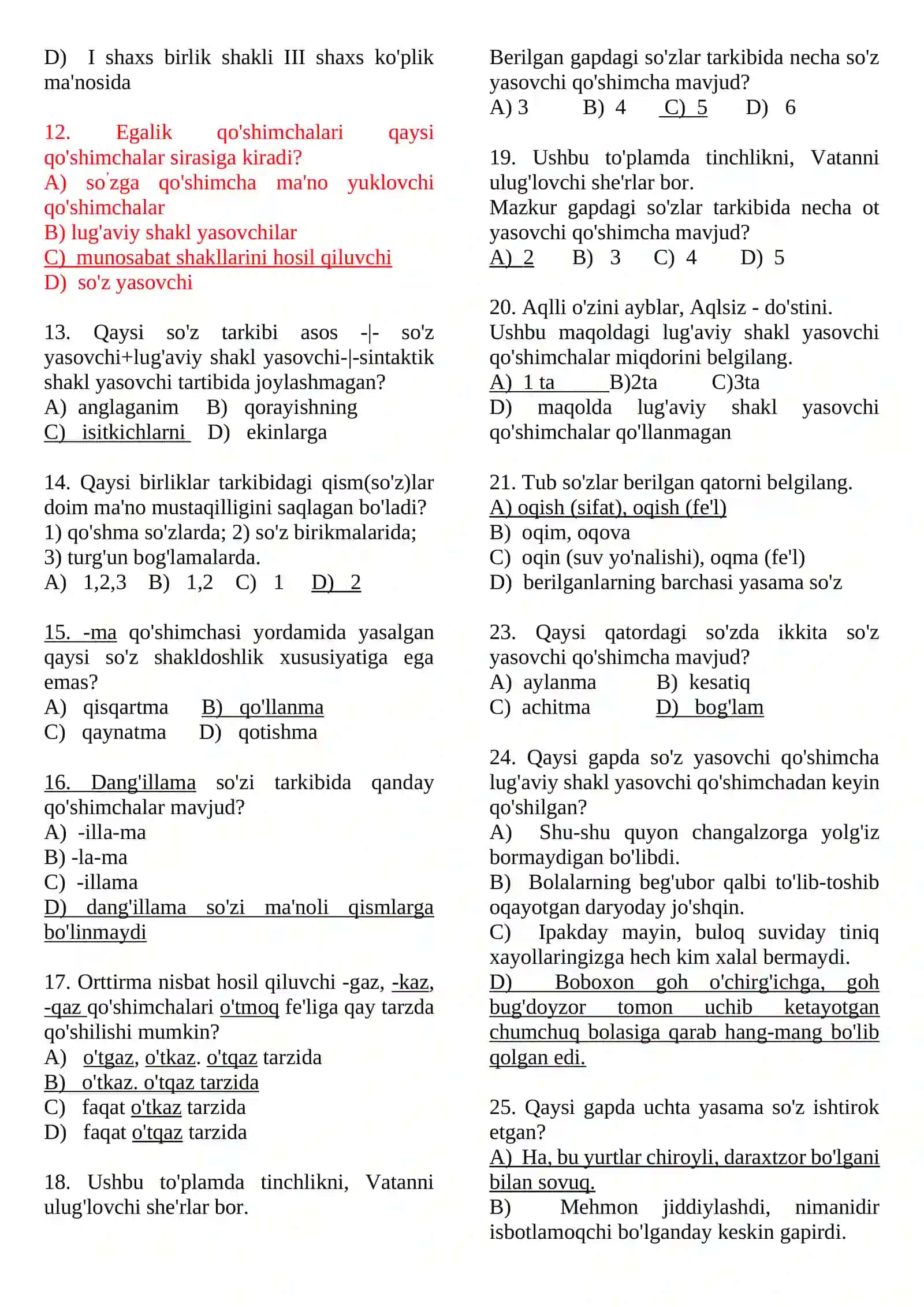 So‘z tarkibi (asos va qo’shimchalar) testlar 2