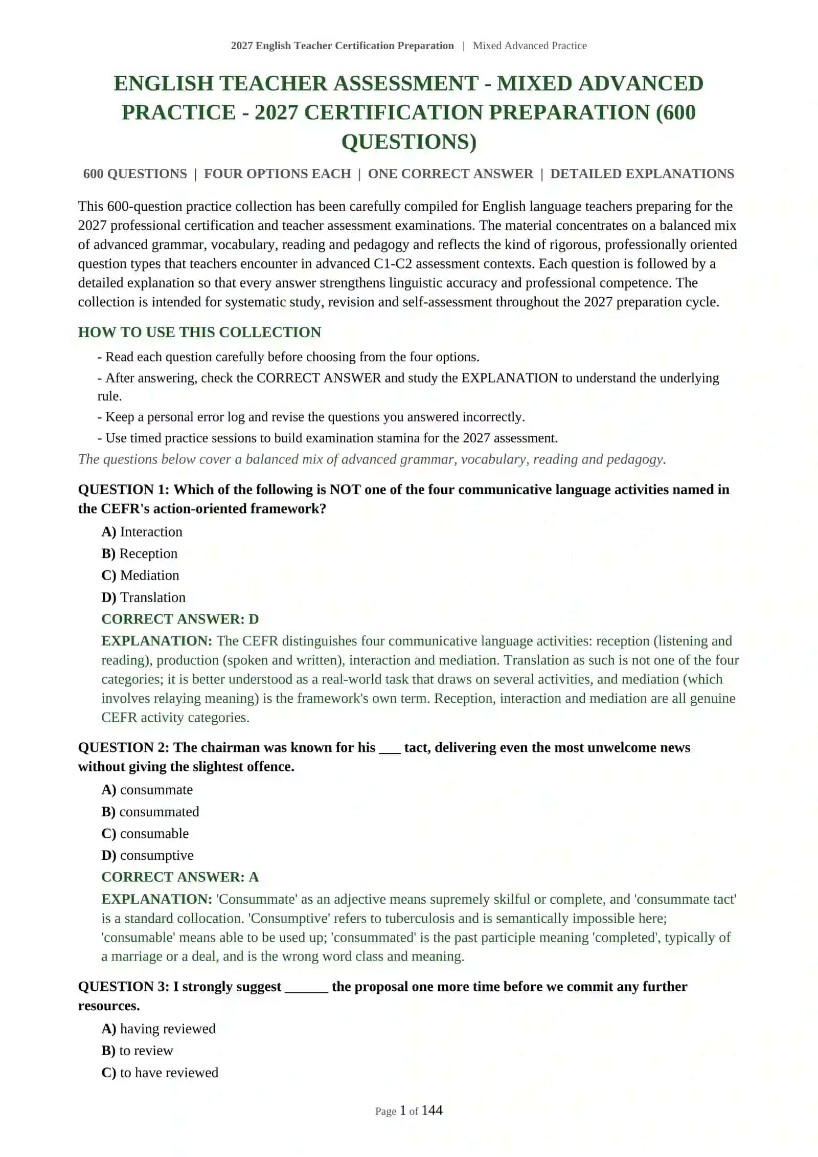 2027 English Teacher Certification Preparation | Mixed Advanced Practice 2