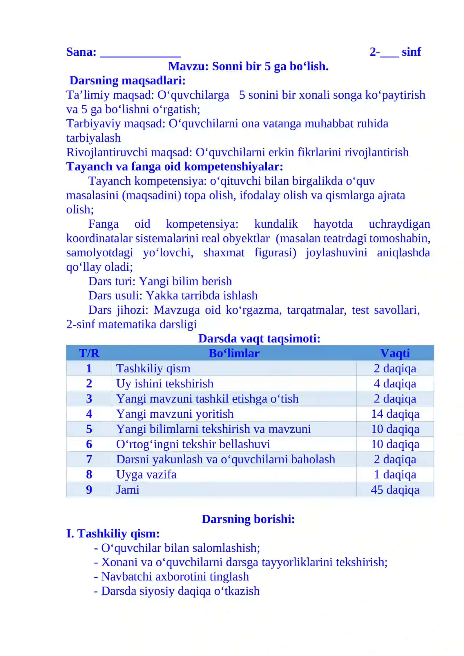 2-sinf Matematika fanidan Sonni 5 ga bo'lish dars ishlanma 3-chorak 2