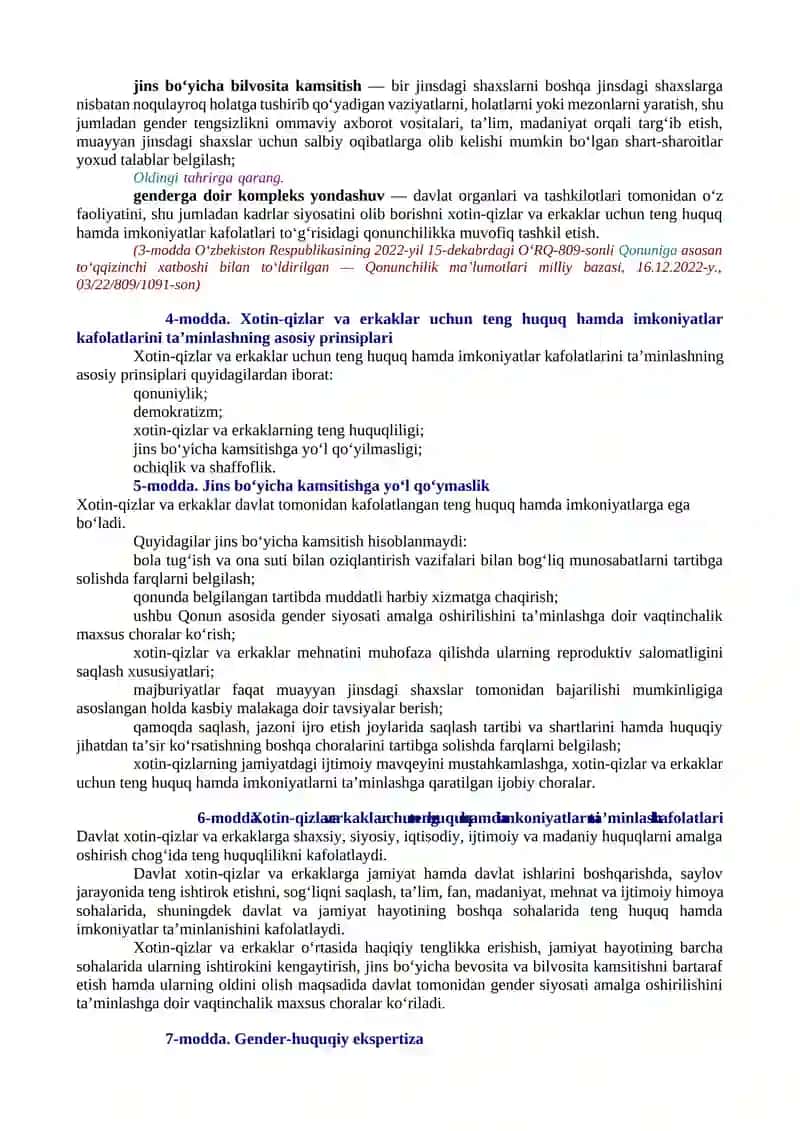 XOTIN-QIZLAR VA ERKAKLAR UCHUN TENG HUQUQ HAMDA IMKONIYATLAR KAFOLATLARI TO‘G‘RISIDA 2