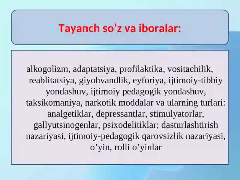 Spirtli ichimliklar iste'mol qiluvchi o‘smirlar bilan olib boriladigan ijtimoiy-pedagogik faoliyat. Giyohvandlik- deviant xulq shakli sifatida. 2